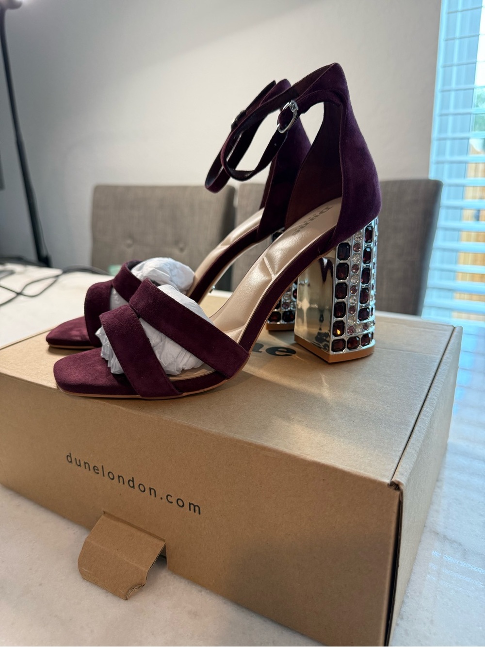 Dune London Burgundy Suede Jewel Embellished Block Heel Sandals